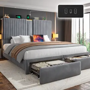 Raybee Velvet King Bed Frame , 51.3“High headboard bed frame With 2 Storage Drawers & 3 Charging Station ,NO MATTRESS,No Noise, Gift for Moving House [Black Friday]