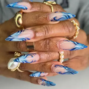 Julina Beauty | Blue Flame Chrome Press On Nails Long Stiletto Y2K Handmade Reusable Acrylic Fake Nails Full Cover for Women