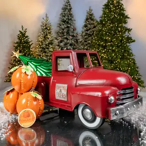 Metal 18.5" Long Multi-Seasonal Christmas and Harvest Pickup Truck with Metal Tree, Pumpkins, and Matching Side-Magnet Sets (Antique Red)