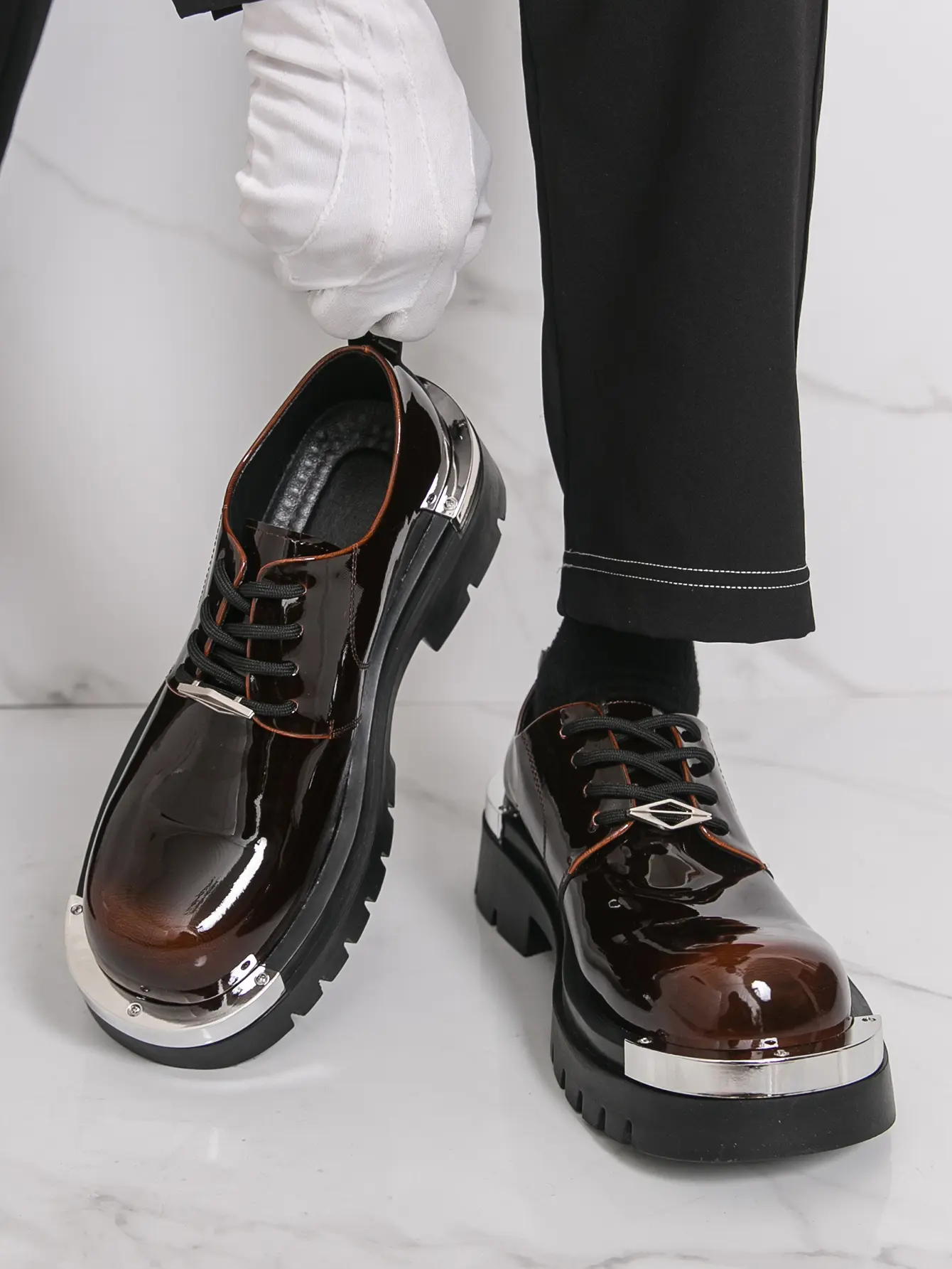 ONXITOM Men's Business Casual Oxfords, Gradient Leather Platform Office Shoes with a Non-Slip Wedge Sole and Metal Toe Cap, Wedge Heel, Party Wear
