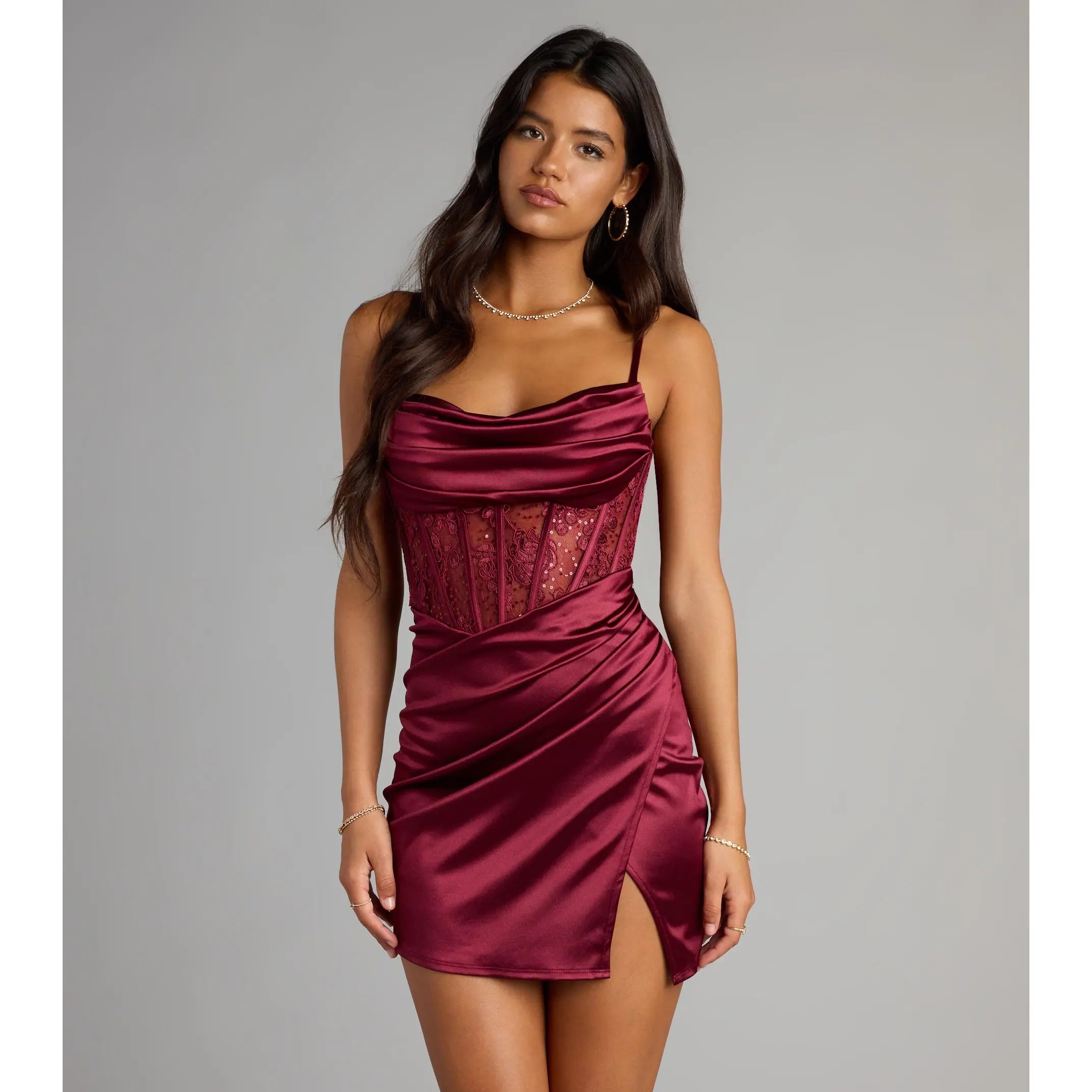 Hillary Satin Corset Lace-Up Mini Dress Hillary Satin Corset Lace-Up Mini Dress