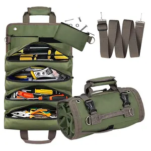 Portable Tool Roll Bag for Electricians & Mechanics with 4 Compartments and 2 Detachable Tool Bags, Waterproof Oxford Cloth, Heavy Duty Carpenter Tool Belt, Green, Ideal for Job Sites and Workshop Organization.