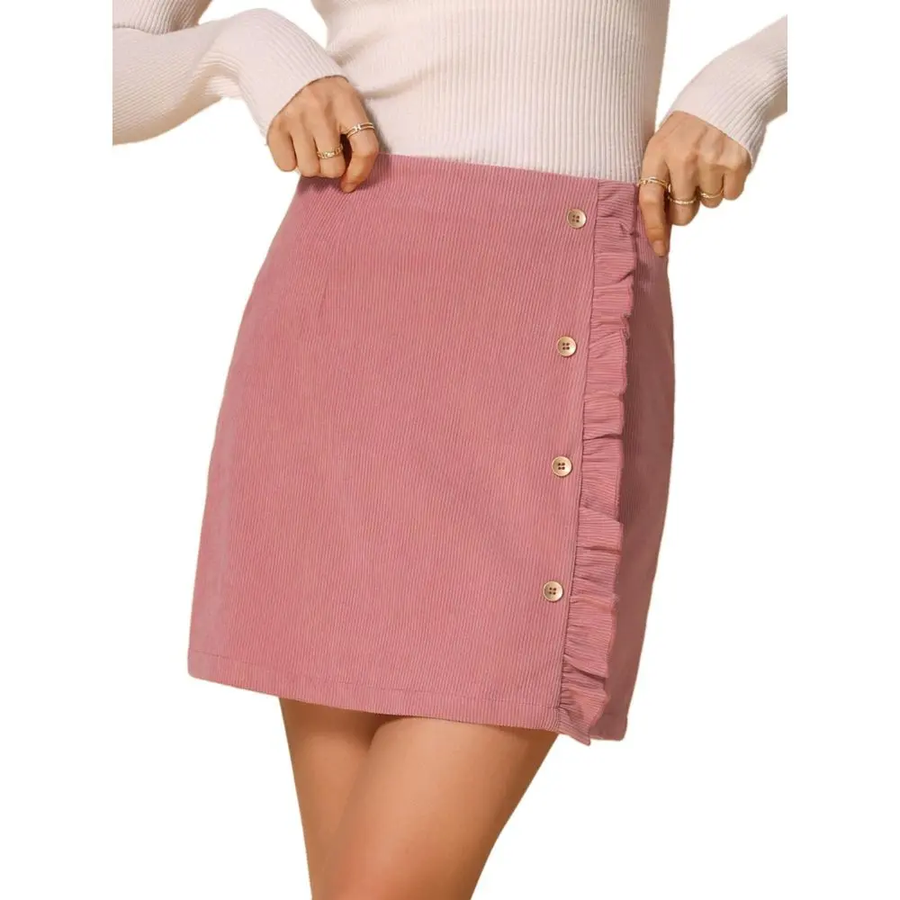 Allegra K Women's Corduroy Vintage Button Decor Ruffled Trim High Waist Mini Skirt