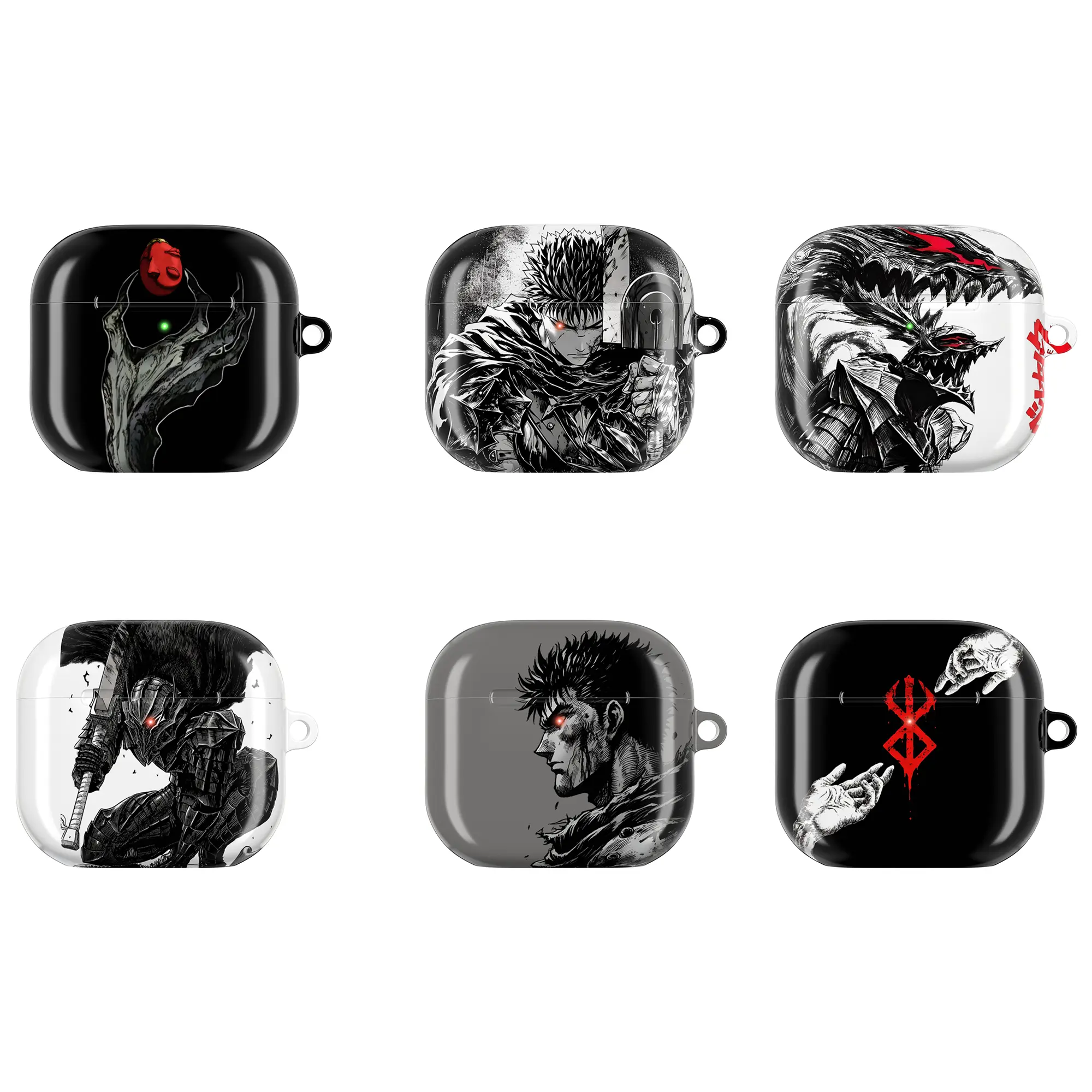 Berserk Guts Dark Manga Warrior AirPods Case, Black White Red Anime Graphic Protective Earbuds Cover with Keychain for AirPods 1 2 3 4 Pro 1 Pro 2 Pro 3, Gothic Fantasy Gift for Manga Fans Gamers Men Women