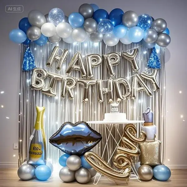 Elegant 1m*2m Birthday Party Decoration Complete Set with Assorted Balloons and Letters - Shiny Aluminium Star Curtain Fringe Backdrop, Floating Balloon Garland Kit, Hanging Letter Banner, Reusable, Durable, for Photos, Festive Celebrations