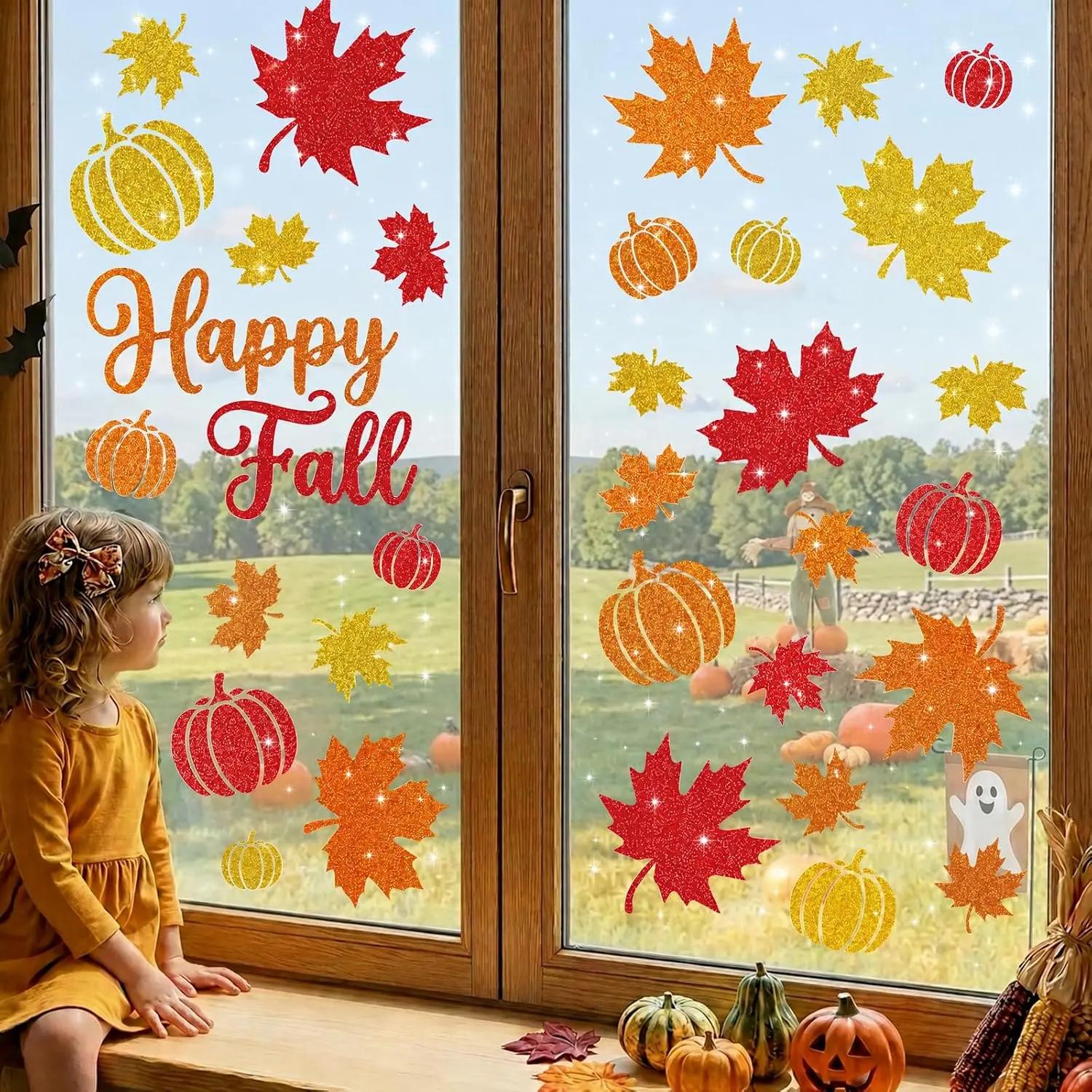 Glitter Fall Window Clings Autumn Thanksgiving Window Stickers Decals Decor BANANABROTHER