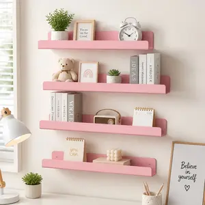 4 Pack Pink Acrylic Wall Shelves – 15" Floating Display Shelf for Perfume Organizer, Bathroom, Bedroom, Living Room, or Kids' Books