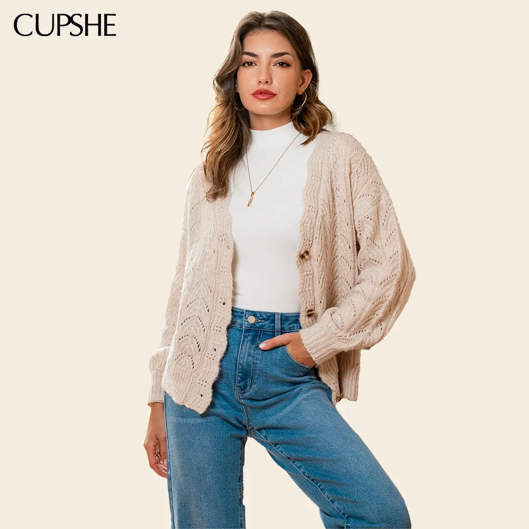 CUPSHE Women's Beige Chunky Knit Cardigan - Soft, Oversized V-Neck, Long-Sleeve, Open-Front Layering Knitwear for Everyday, Lazy Outfits