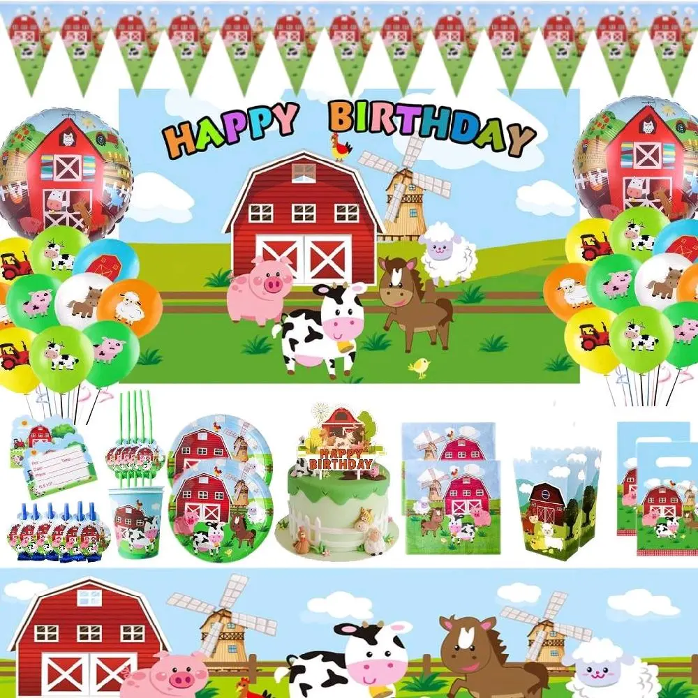 Farm Festive Disposable Tableware Complete Set - Backdrop, Banner, Balloon Decorations Kit  for Party Supplies Birthday Balloons