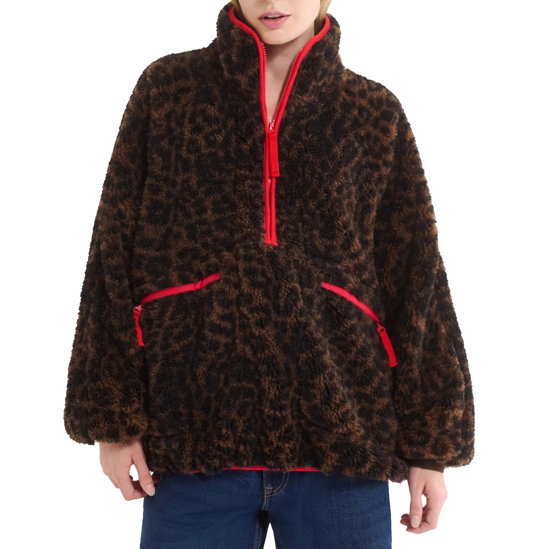 Songling Women's Long-Sleeve Fleece Fabric Puffy Hoodie Cardigan Jacket - Fuzzy Half-Zip, Snow Leopard Print Knit, Casual Warm Winter Thick Teddy Bear Outerwear, Chic Cute Essential