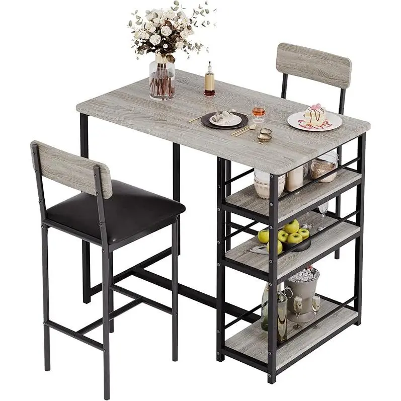 Bar Table Set with 2 Bar Stools & 3-Tier Steel Shelf, Compact Dining Table with 2 Chairs for Small Kitchens – Kitchen Bar with Storage Space, Breakfast Nook, 136 kg Load Capacity,Grey