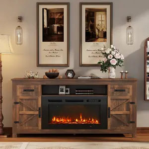 Farmhouse 70" /80“Engineered Wood Fireplace Entertainment Center with Barn Door - Stable Base, Flame Colors, Storage Cabinets, TV Stand Living Room for TVs up to 80" /90”(2 Packages Ship Separately, White and Brown), Fireplace Tv Stands