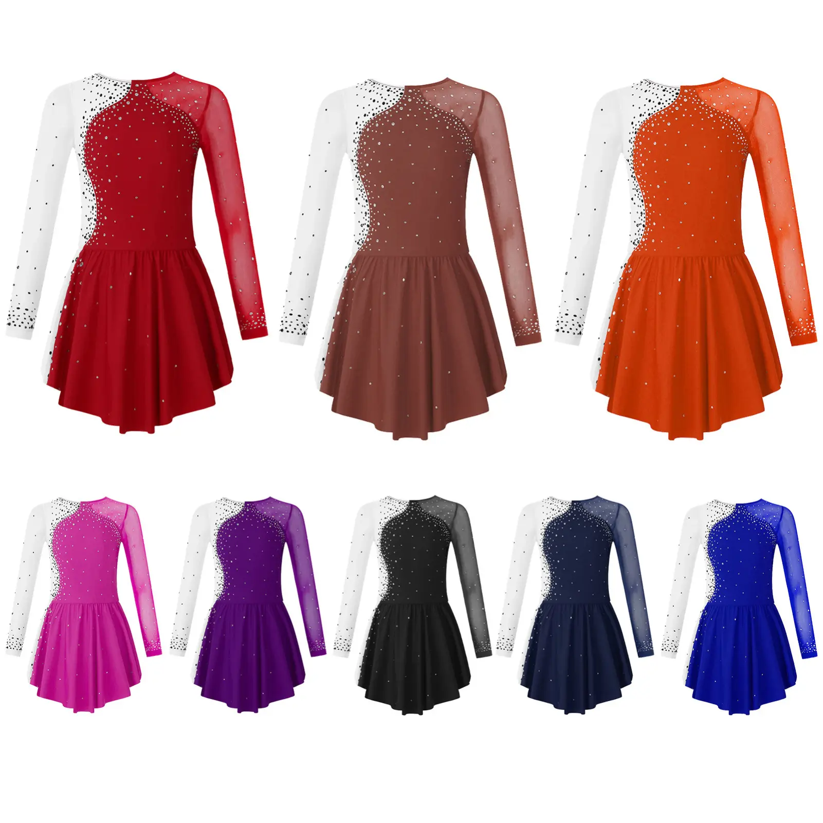 Girls' Stylish Neckline Shiny Rhinestone-Decorated Patchwork Contrast Color Skating Dance Dress, Cheer Uniforms, Dance Garment with Shorts