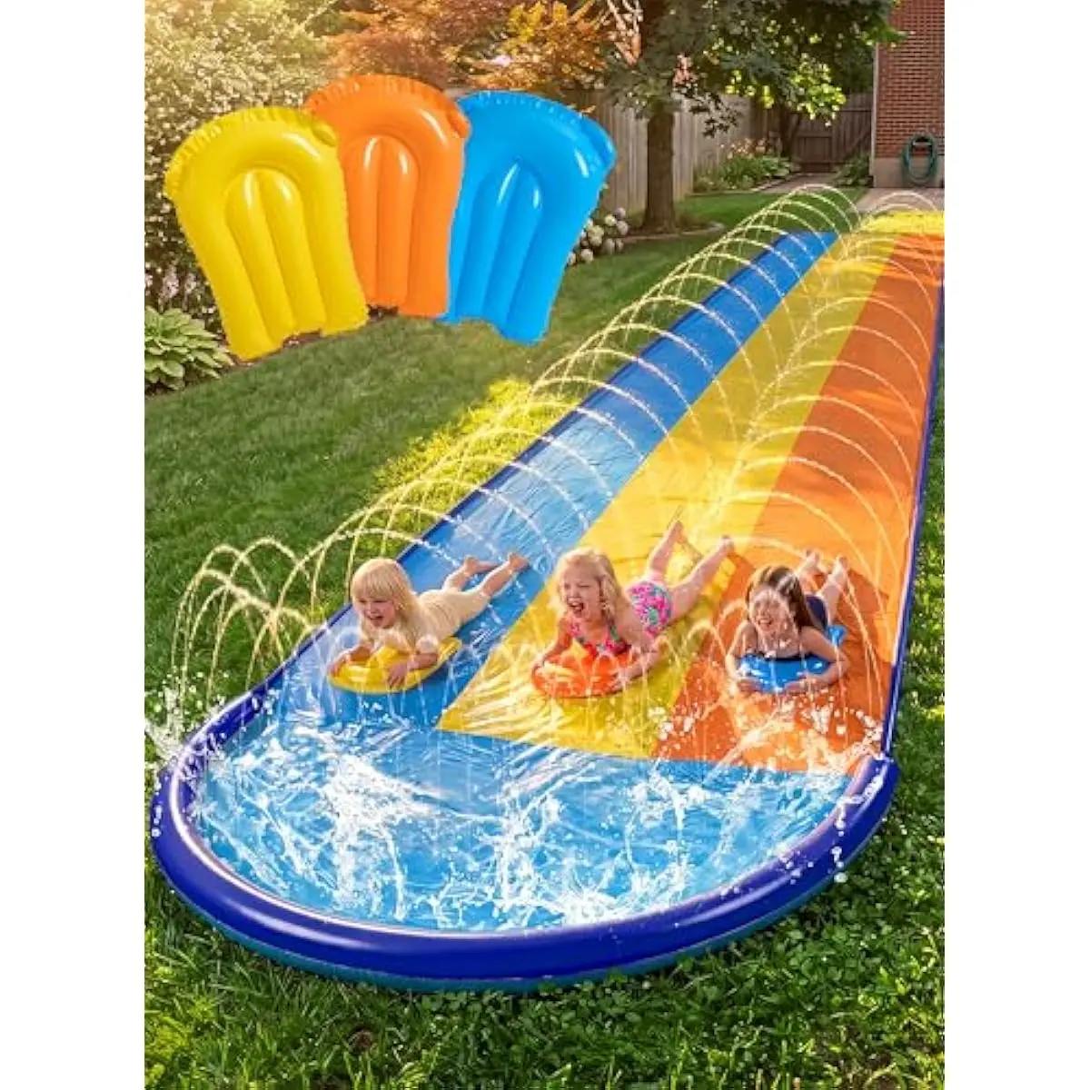 Sloosh Triple Water Slide with 3 BodyBoards, 22.5FT Lawn Water Slip Splash Pad Slide Summer Toy with Build in Advanced Sprinkler for Kids Adults Backyard Summer Water FunDealsForYouDays