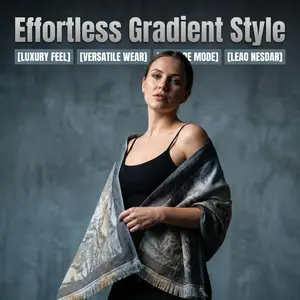 Vintage-Style Gradient Jacquard Scarf - Designer Shawl with Skin-Friendly, Breathable, Silky Feel, Model KS1006-BLK