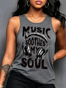 Women's Summer Casual Loose-Fitting Tank Top Vest, Soft Comfortable Home Wear with Headphone and Letter Print, Must-Have for Relaxing, Loose Sleeveless