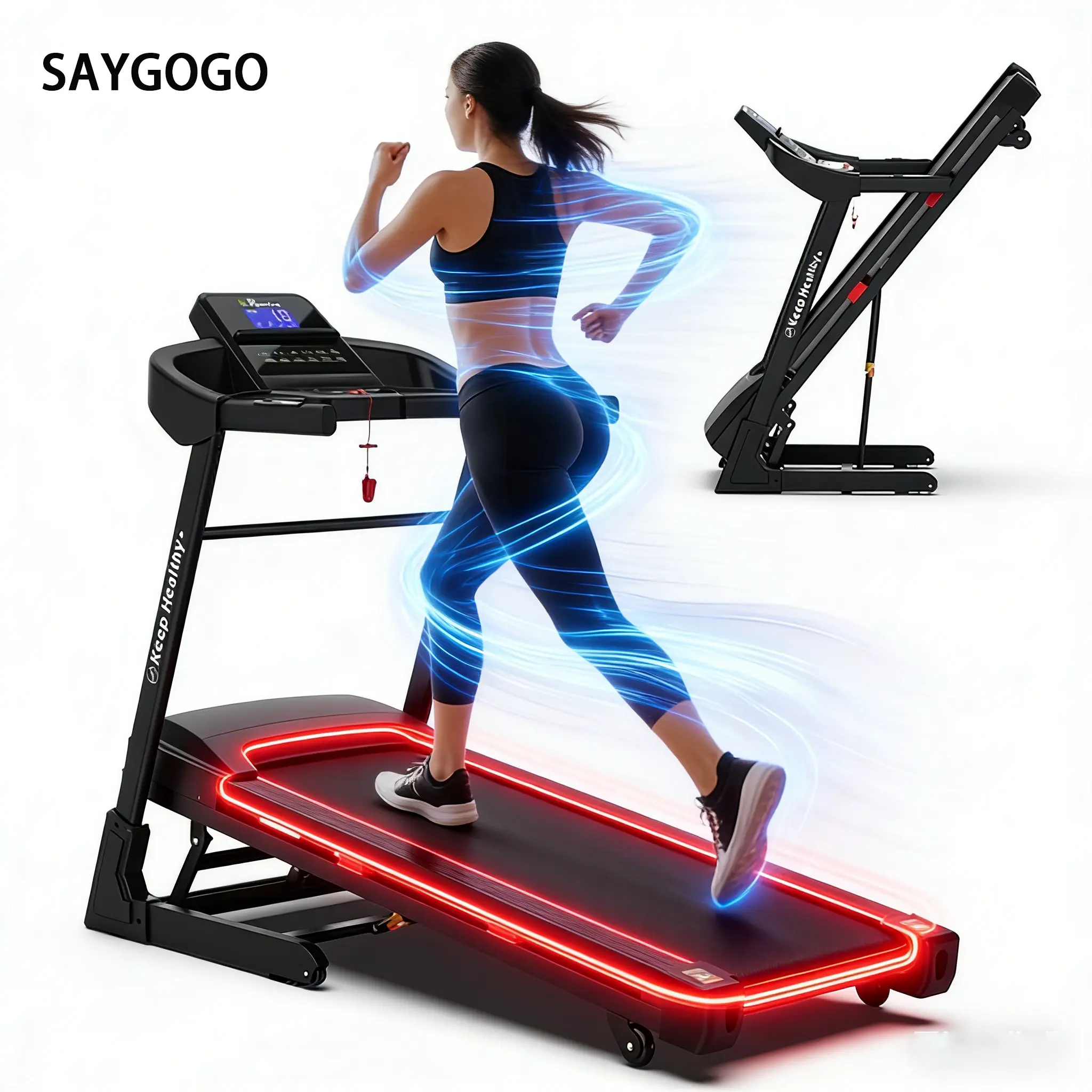 SAYGOGO Folding Treadmill for Home Gym, Compact 3.5HP Treadmills with 400 lbs Capacity, 18"x51" Ergonomic Shock-Absorbing Belt, Bluetooth App, LCD Display, Folding Frame, Space-Saving, Personalized Fitness Experience, Supports Whole Family