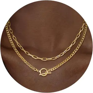 Gold  Necklaces for Women, 14K Dainty Gold Chain Necklace Women Trendy Cuban Link Paperclip Chain Toggle Clasp Necklace Fashion Chunky Jewelry for Women