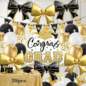 38Pcs Graduation Decorations 2026 Set - Congrats Grad Banner, Graduation Balloons, Backdrop, 6 Giant Bow Foil Balloons Class of 2026 Decorations Party Supplies for High School & College Black and Gold
