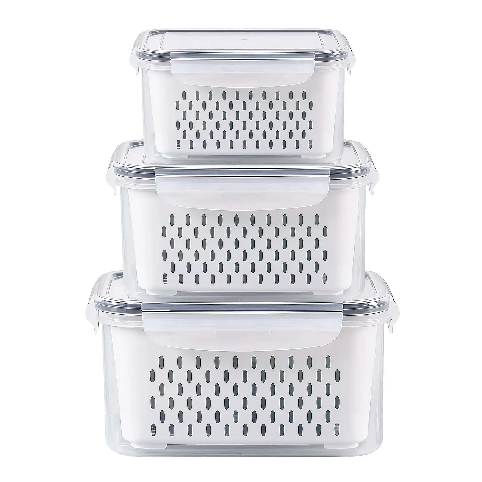 Airtight Food Storage Containers 3 Pack Fridge Food Storage Container Set with Lids with Strainer,Plastic Fresh Produce Saver Vegetable Fruit Meat Storage Organization, BPA-Free Plastic Produce Keepers(3.15L+1.7L+0.8L) Kitchen Utensils,summerwins,campinge