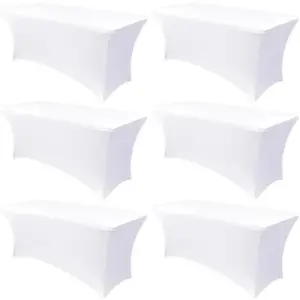 6FT Tablecloth [6 Pack, White] 200 GSM Stretch, Fitted, Washable and Wrinkle Resistant Table Cloth Rectangle Cover for Trade Shows, Wedding, Parties [72Lx30Wx30H Inch]