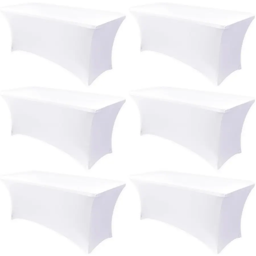 6FT Tablecloth [6 Pack, White] 200 GSM Stretch, Fitted, Washable and Wrinkle Resistant Table Cloth Rectangle Cover for Trade Shows, Wedding, Parties [72Lx30Wx30H Inch]