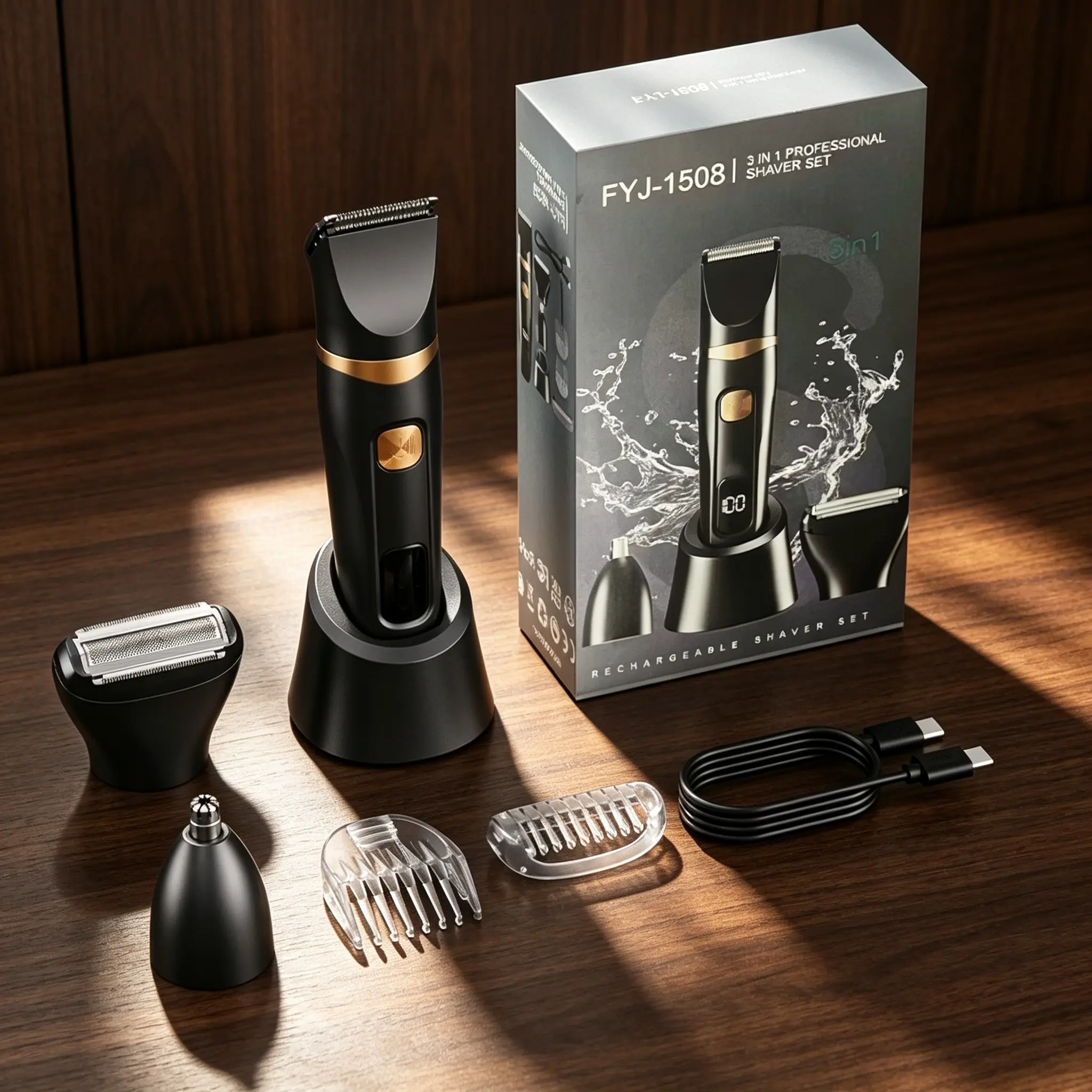 Professional 3-In-1 Electric Trimmer Set, Dual-Blade Design, Digital Battery Display, Waterproof & Rechargeable, for Sensitive Skin Men