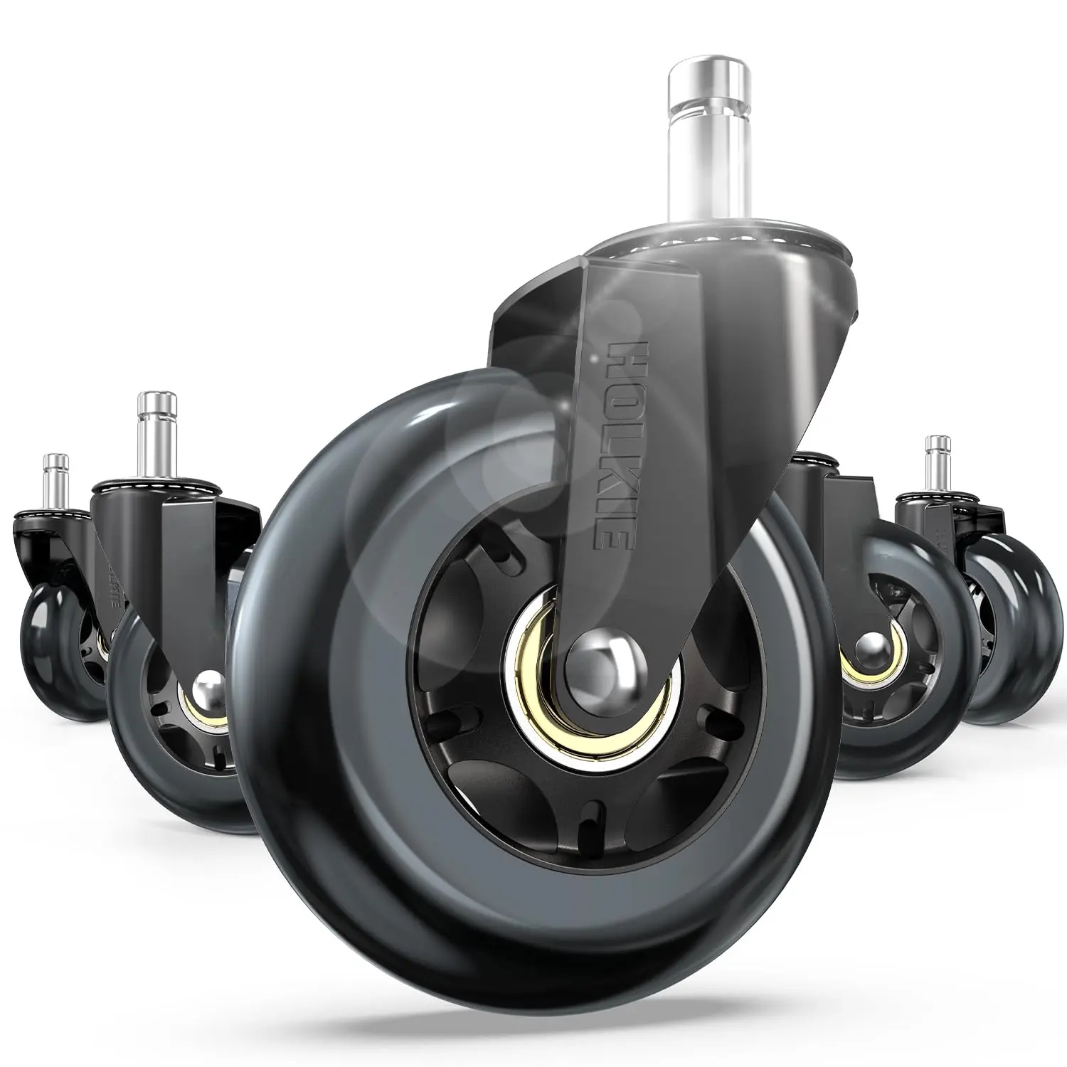 Office Chair Casters Set of 5, 3-In All-Black Synthetic TPU Roller Wheels (11x22mm), 200kg Load Capacity, Easy Installation, Safe for All Floors, Smooth Silent Gliding for Gaming/Shared Office Spaces, Fits Most Chairs Except IKEA, Manufacturer Warranty