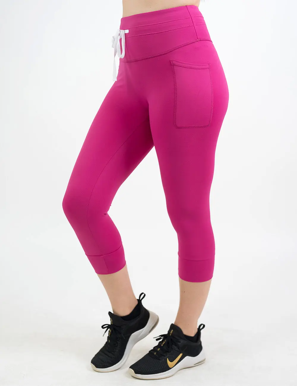 Women's Power Pink Spandex Compression Leggings, Sporty Cuffed Bottoms with Pockets