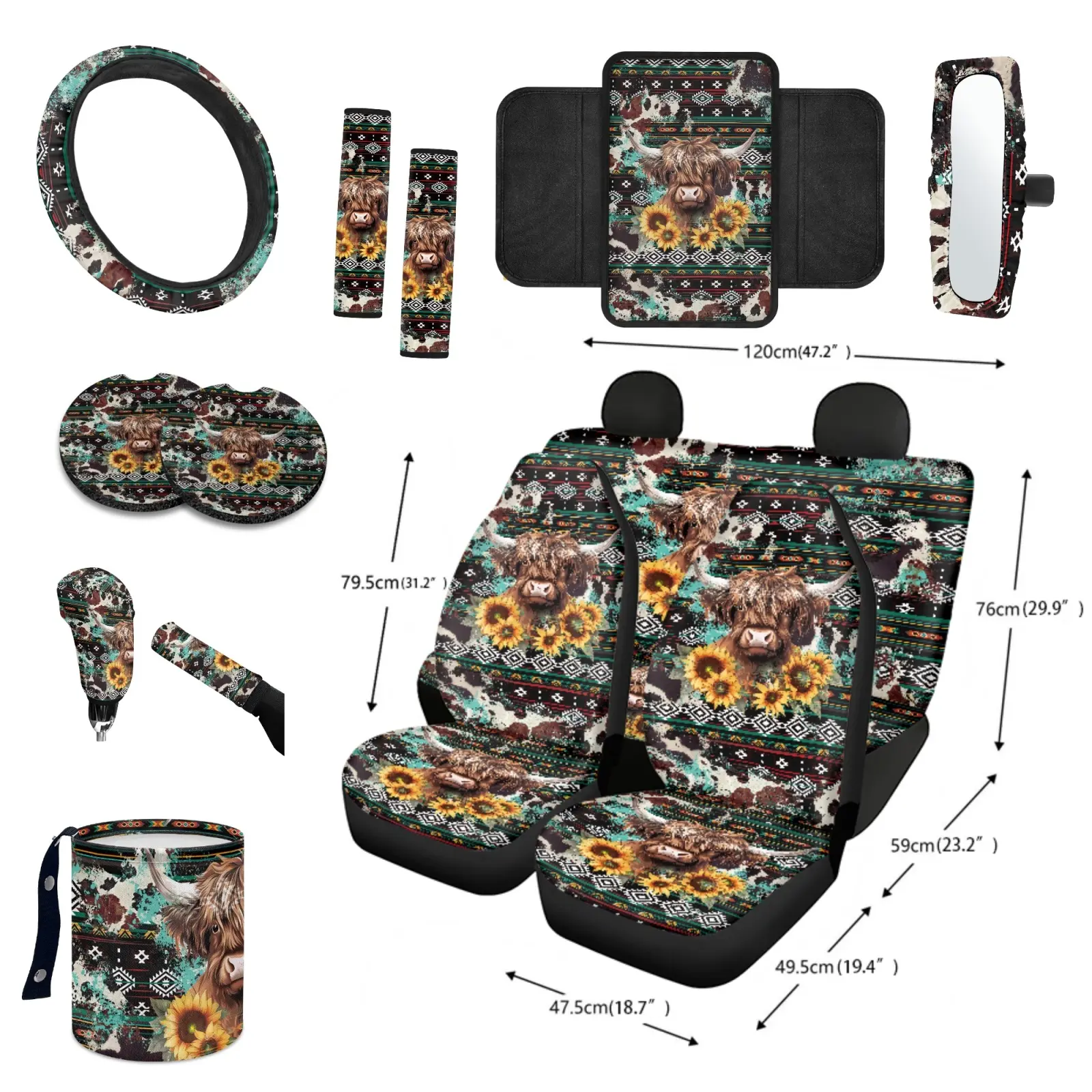 Highland Cow Sunflower Aztec Car Seat Covers Full Set Western Cowgirl Car Interior Kit, Universal Seat Protector Guards Seats Against Sweat & Spills, Airbag Safe For SUV Truck Sedan, Refresh Dull Factory Seats With Trendy Southwest Country Style