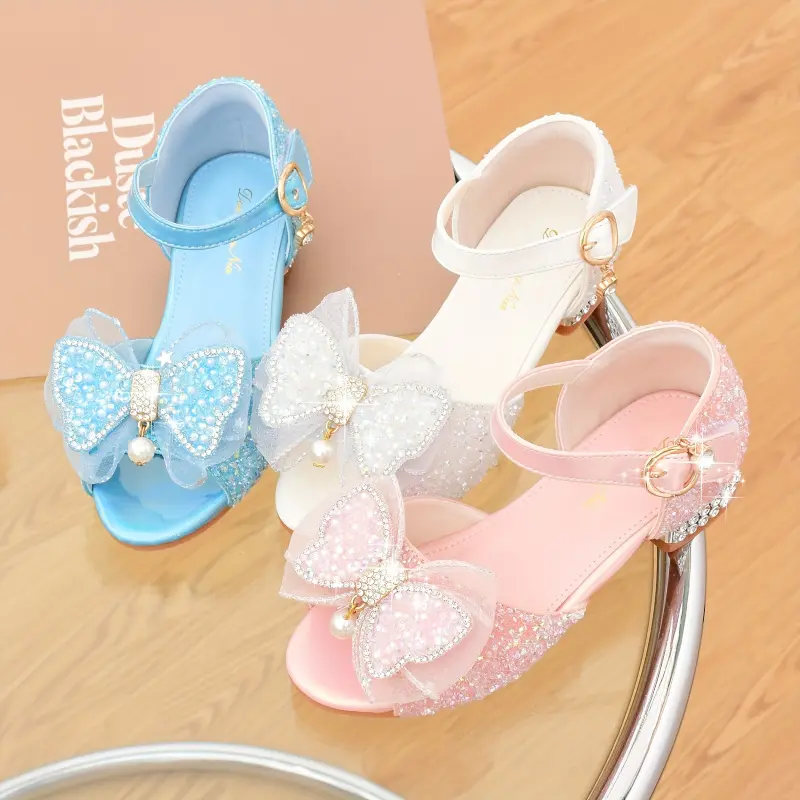 Little Girls' Sweet Crystal Princess Sandals - Open Toe, Sparkly Finish, Bow Accent, 1-3 cm Low Block Heels for Summer Princess Look