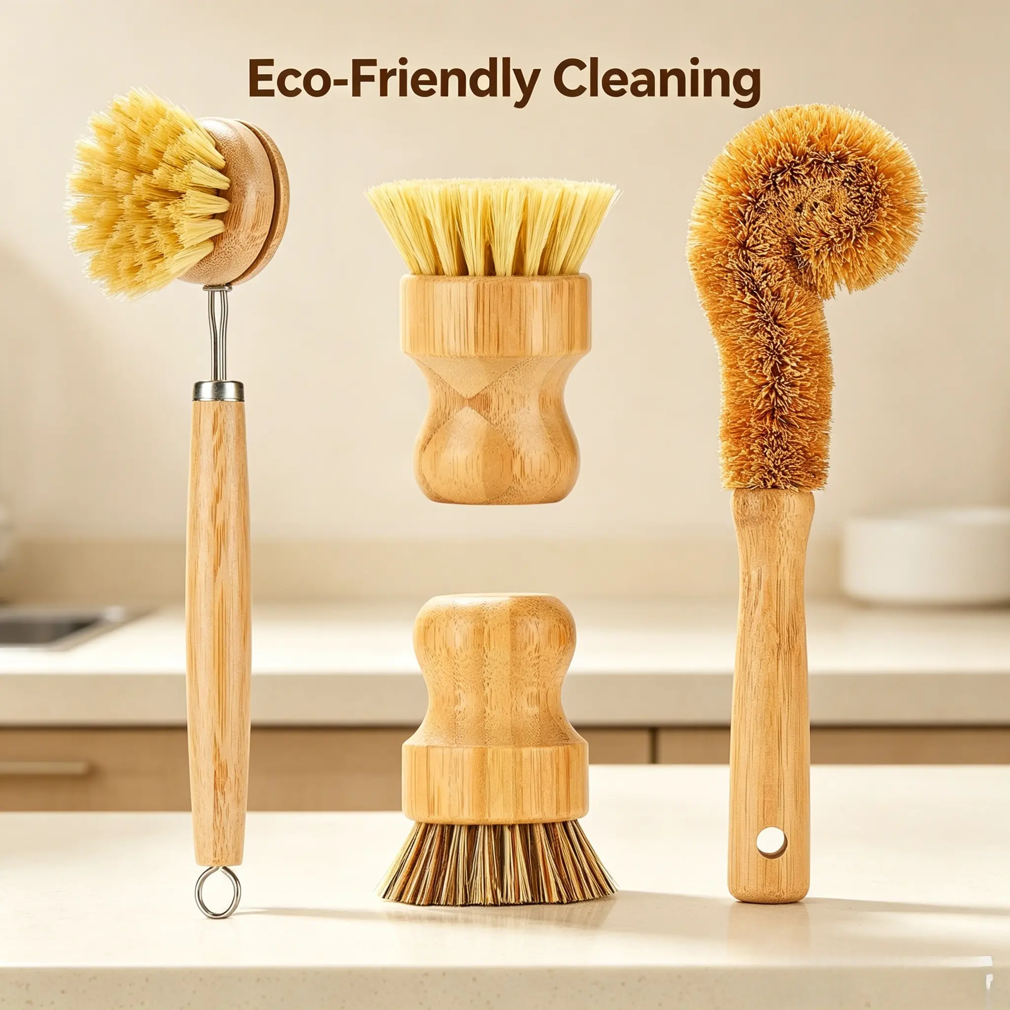 4-Piece Plastic-Free Bamboo Dish Brushes Set with Natural Bristles - Comfortable & Smart, Steel-Reinforced, Non-Toxic Kitchen Utensil for Pots/Pans Cleaning, Bathroom Tiles Care, Hanging Hole, Ideal Gift for Friends