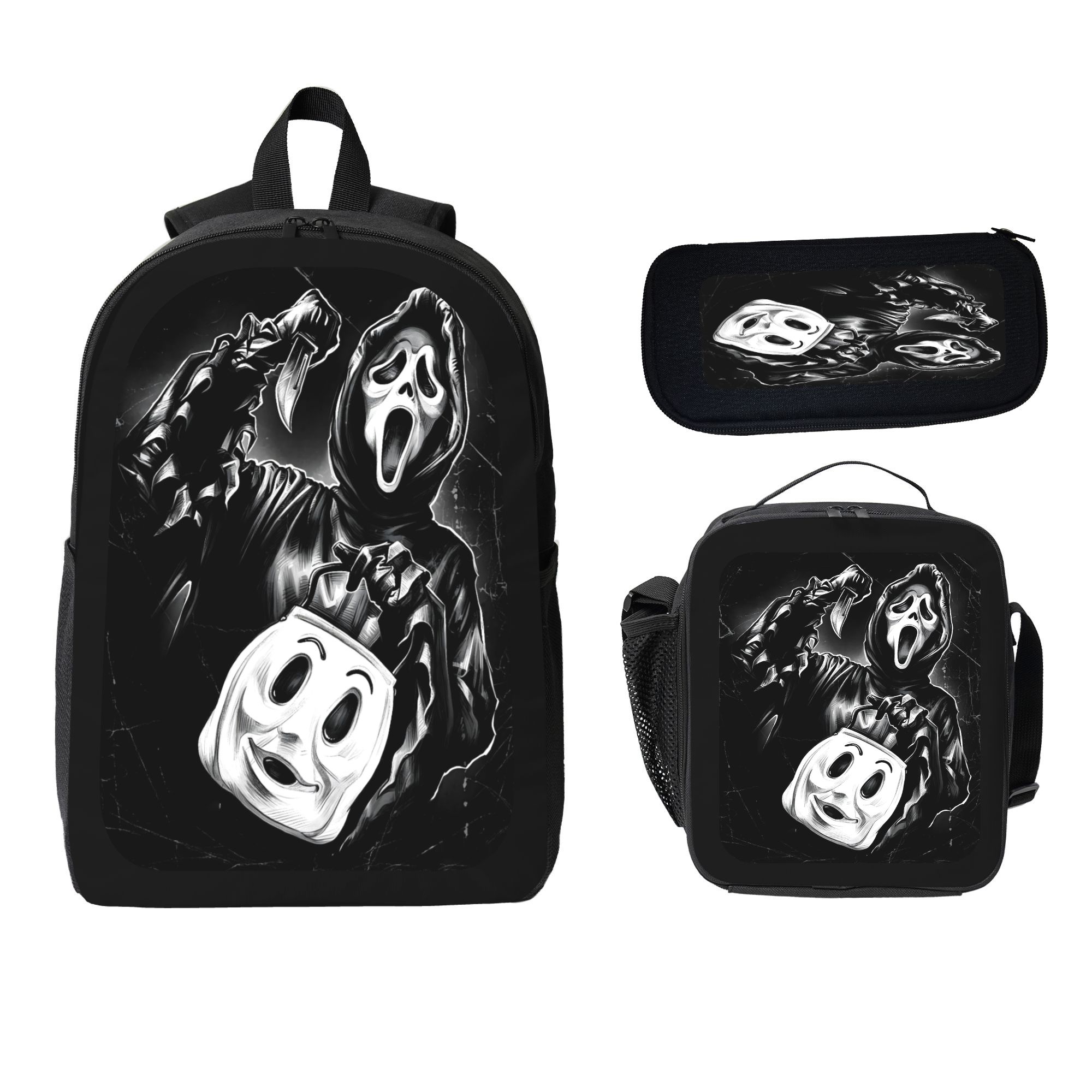 Teens' 3-Piece Scary Look Multi-Set - Comfortable Lightweight Horror Aesthetic Youth Backpack with Lunch Bag, Pencil Case, Laptop Compartment, School Backpacks