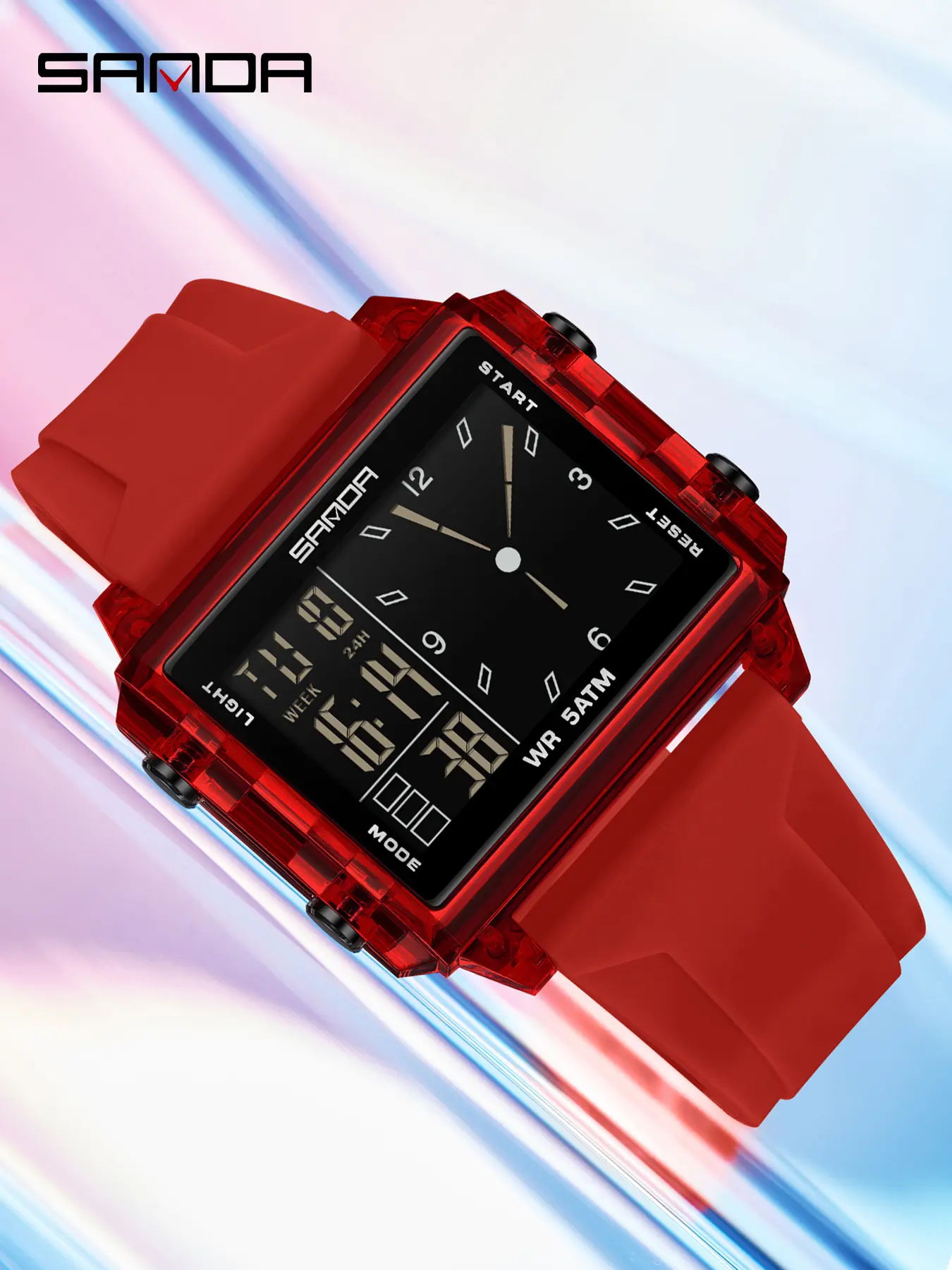 Sanda square casual couple watch, Casual Trendy Wristwatch, dual display night light waterproof multifunctional electronic watch for teenagers and men, practical gift
