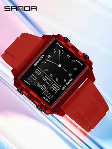 Sanda square casual couple watch, Casual Trendy Wristwatch, dual display night light waterproof multifunctional electronic watch for teenagers and men, practical gift