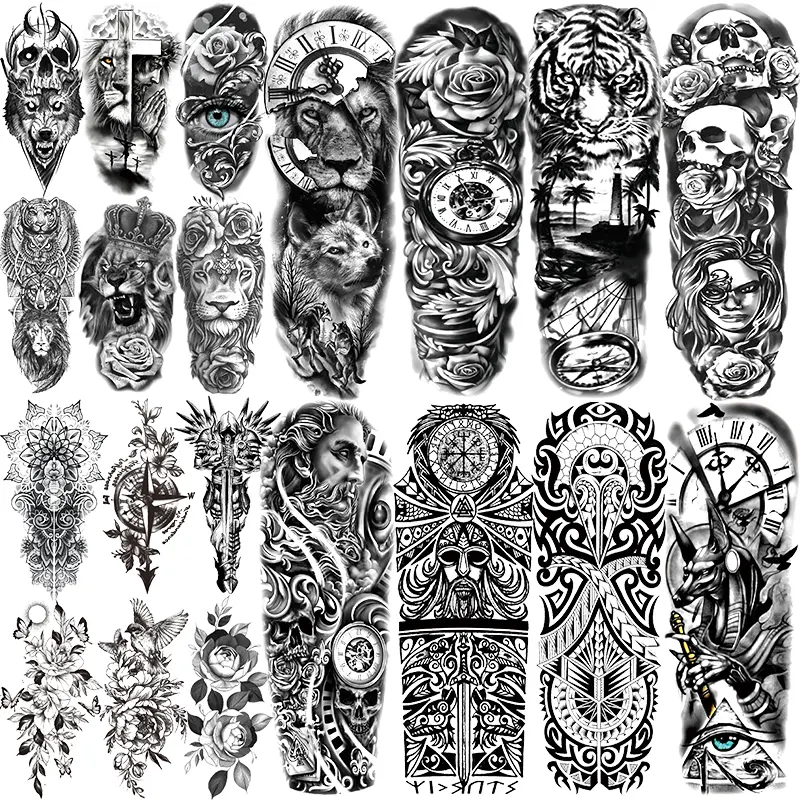 20 Large Temporary Tattoos Featuring Greek Mythology, 8 Full Arm Maori Warrior Compass Designs Aesthetic Tattoo Merch, Perfect for Adults Men Women Arms Legs, Temporary Tattoo Kit, Tattoo Stickers, Fake Tattoos