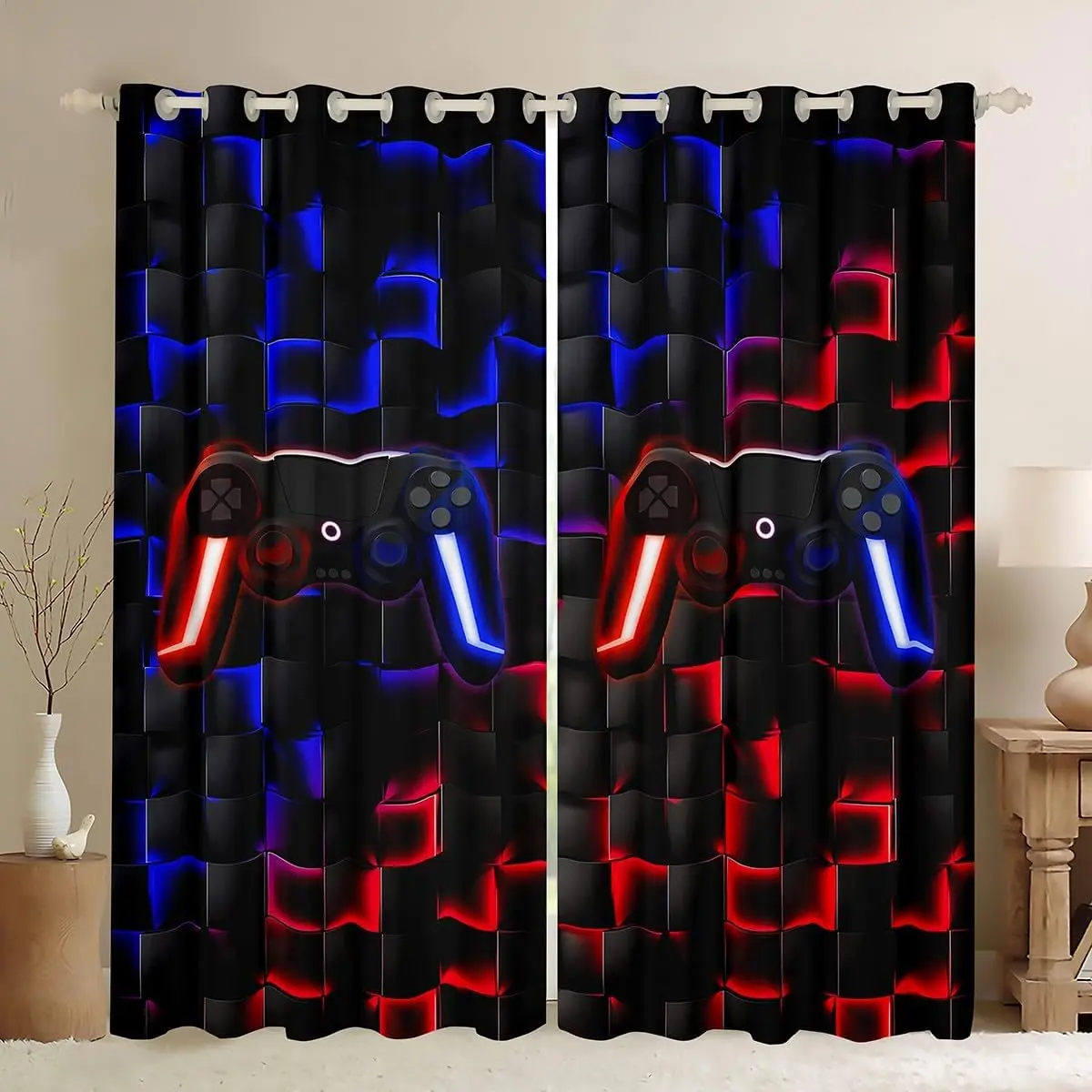 Feelyou Gamer Curtains - Velvet Fabric Modern Privacy Grommet Curtains (2 Panels), Multi-Size Black Red Blue Checkered 50% Darkening Sunlight Block Drapes, Bedroom Video Game Controller-Themed Window Treatment, Two Panels