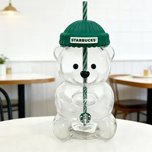 2025 Holiday Collection Bearista Cold Cup, Cute Teddy Bear Glass CUp With Green Beanie-Style Lid & Stripped Straw,Perfect for coffee shops, home bars, parties, and holiday gifting