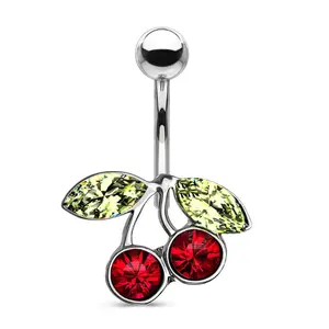 14G Surgical Steel Cherry Belly Ring – Red & Green CZ Fruit Navel Bar