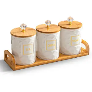 Set of 3 Ceramic Canisters for Sugar Coffee Tea with Tray, White Airtight Food Storage Jars with Wood Lids, Kitchen Counter Storage Containers - 23Oz Sowlvenco