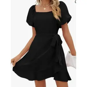 Womens Summer Dresses Square Neck Puff Sleeve Tie Waist Short Dress