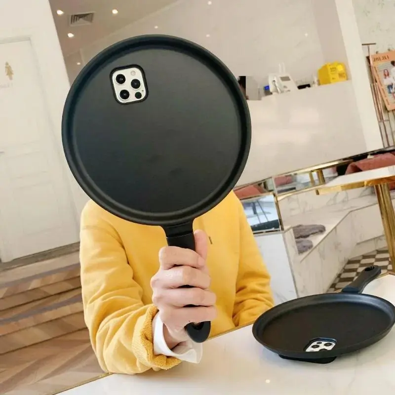 3D Cartoon Cute Frying Pan Compact Cellphone Casing - Shockproof Protection, Stylish Black Design, Included Screen Protector, Compatible with iPhone 16/15/14/13/12/11 Pro Max, Handheld Devices Accessory