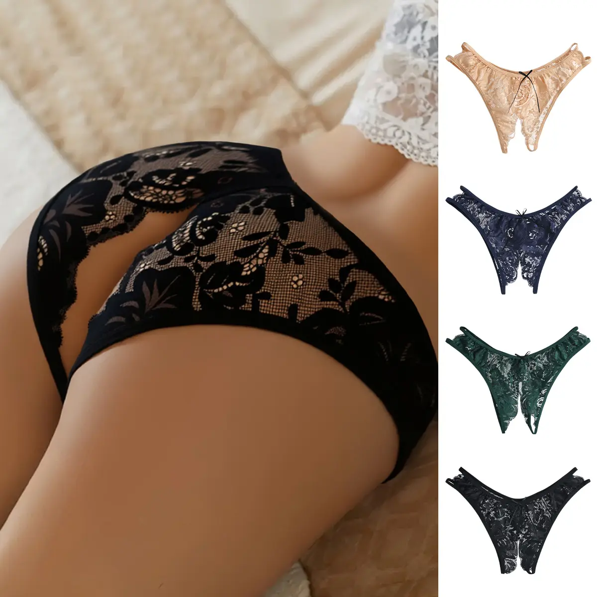 Hotcom Women's 4-Pack Crotchless Floral Panties - Polyamide Mix Curve Enhancing Lingerie, Statement Look, Sexy Home & Spring Everyday Wear for Couples, Lady, Print, Style
