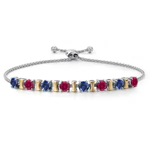 Gem Stone King 925 Silver and 10K Yellow Gold Blue Created Sapphire and Red Created Ruby Bracelet For Women | 2.00 Cttw | Gemstone September Birthstone | Round 4MM | Adjustable up to 9 Inch
