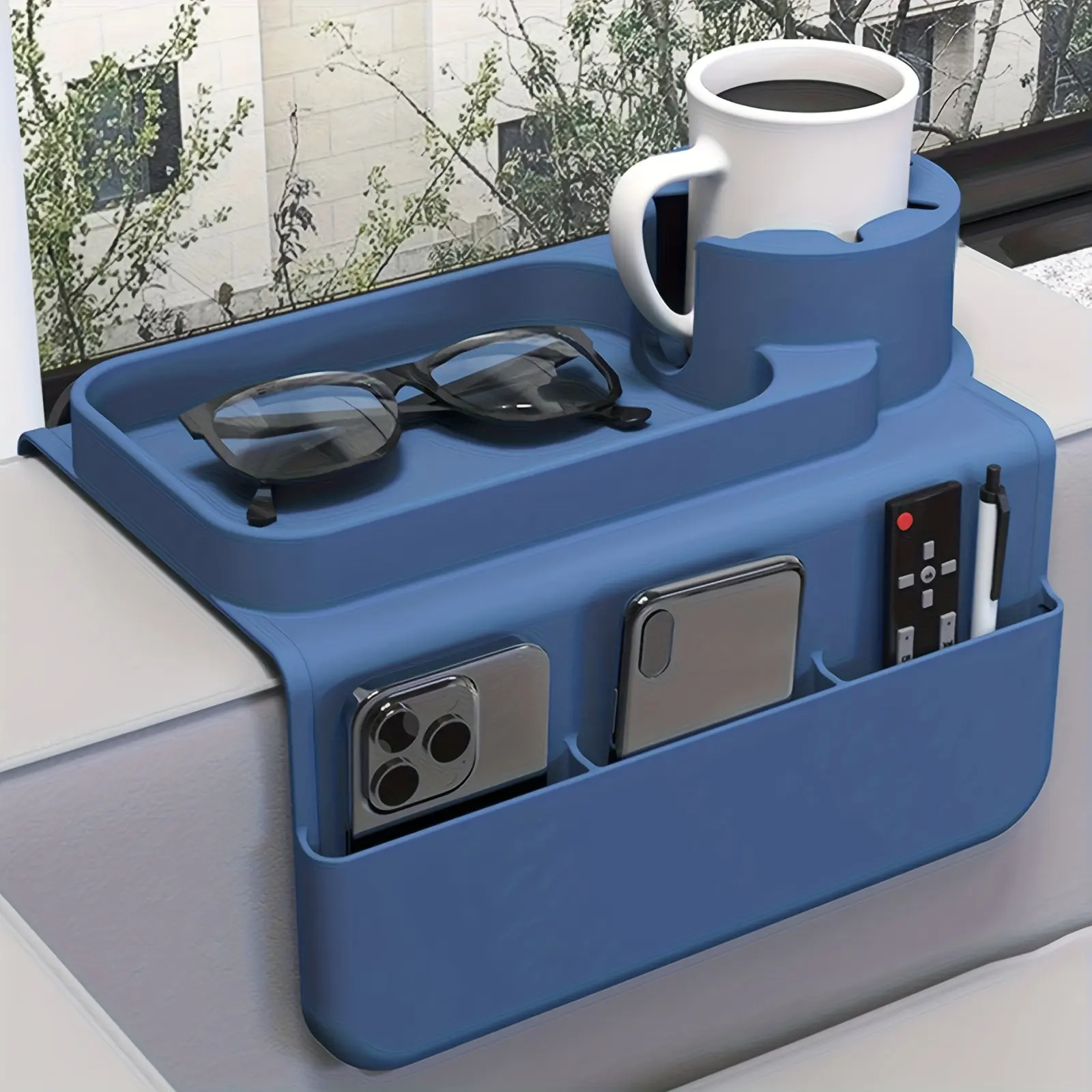 Non-Slip Sofa Armrest Tray with Cup Holder, Side Pockets, Spill-Proof Drink Holder, Ergonomic Couch Caddy with Sturdy Base, Storage Armrests, Multifunctional Cup Holder, Cupholder Friendly, for Home & Office, Modern Tray Design, Durable Construction