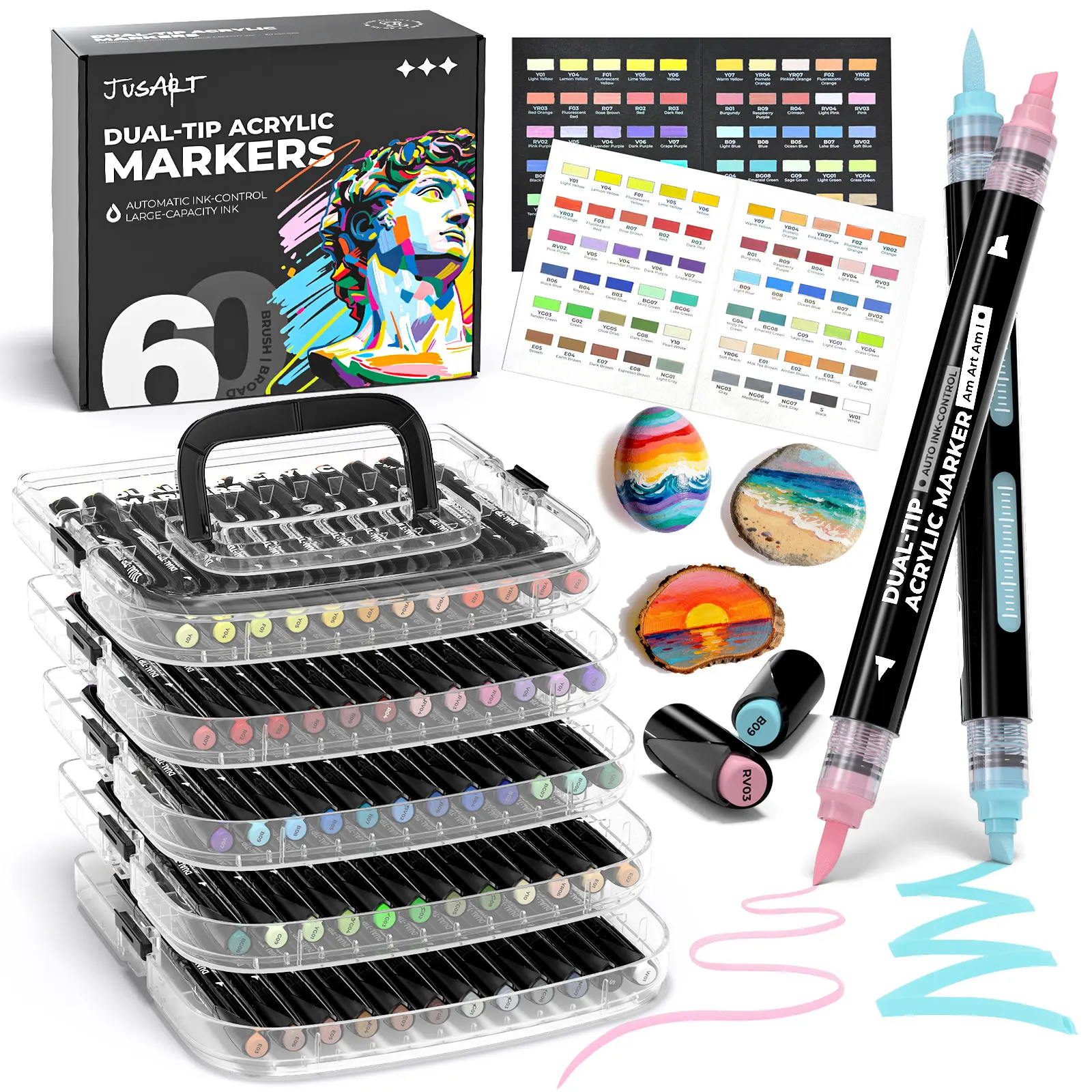 JusArt 60 Colors Automatic Ink Control Acrylic Paint Markers with Dual Tip | Broad Tip and Brush Tip Pens for Ceramic, Wood, Canvas, Glass, Stone, Fabric, Rock Painting, DIY Crafts Art Supplies Kit