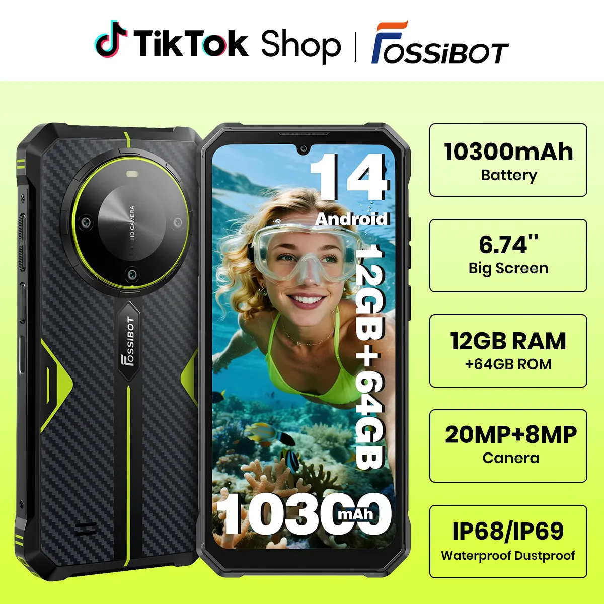 FOSSIBOT Rugged Smartphone Unlocked,12+64GB/128GB Cellphone,10000+mAh Battery,20MP+8MP Waterproof Phones, 6.745” HD Display Display,IP68/IP69K/Dual Sim/2026 Black,back to school,back to school haul