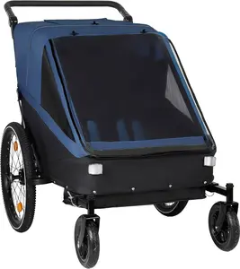 Foldable Tandem Stroller & Kids Bike Trailer - 2-in-1, Jogging Option, Travel Friendly, Canopy Equipped, Universal Bike Hitch, 5-Point Harness, Storage Bags, Dark Blue (1-2 Children), Bright Flag for Active Families