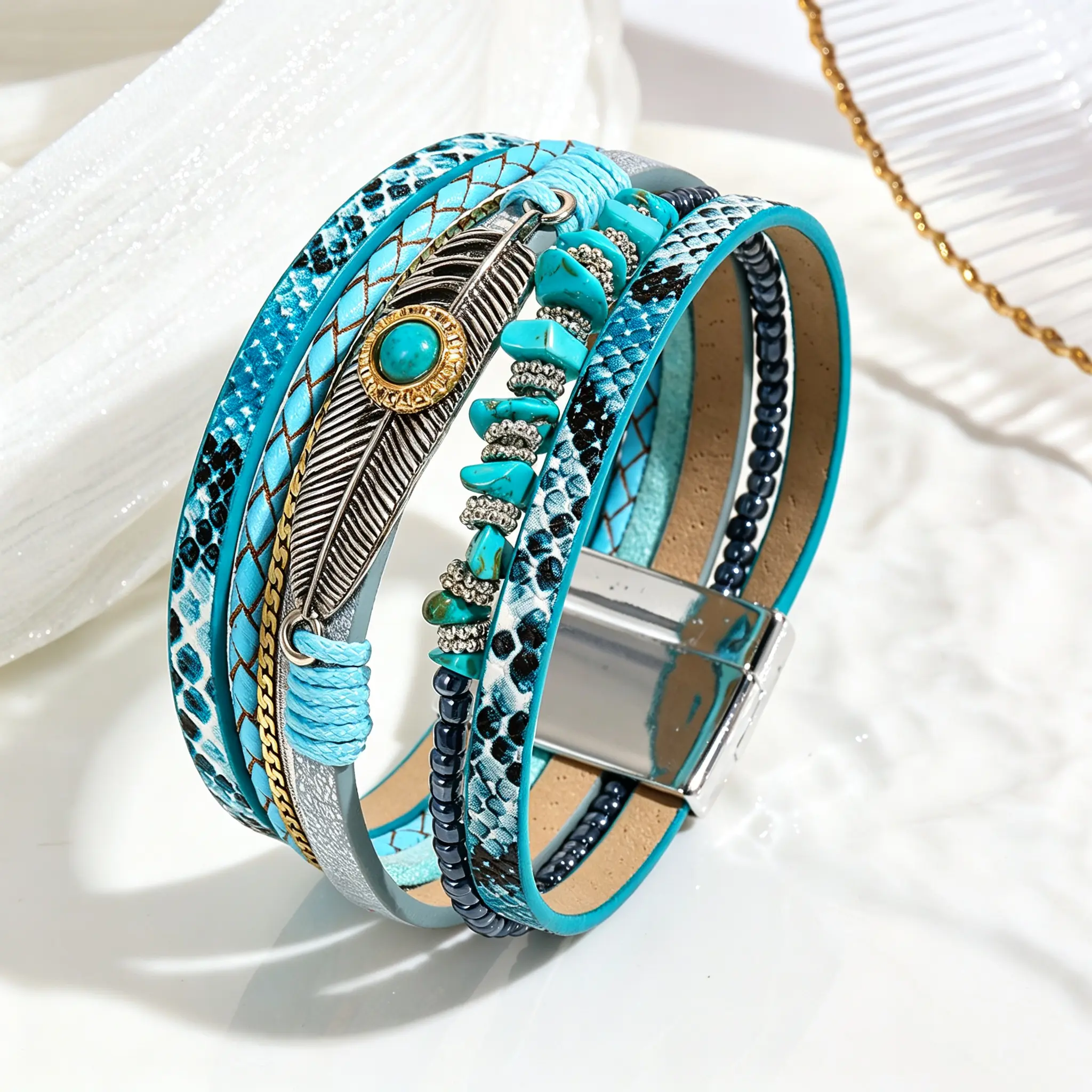 Turquoise Leather Wrap Bracelet, Multi-Layer Beaded Western Boho Bracelet with Feather & Magnetic Clasp
