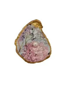Hydrangea Pearl Oyster Shell Trinket Dish with Gold Trim